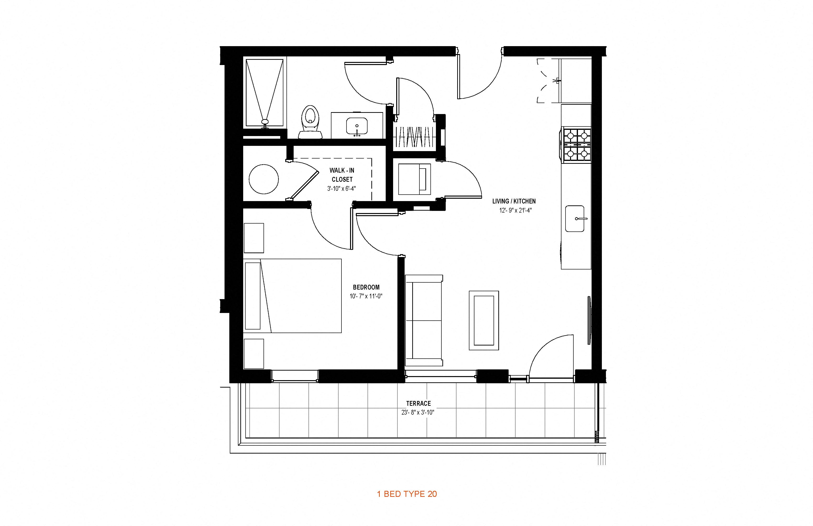 Floor plan for 1 bed, 1 bath, 594 sqft